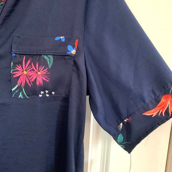 Room Service Floral Trim Button Pajama Top in Navy - Picture 2 of 8
